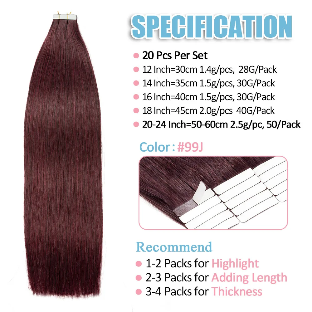 100% Human Hair Tape in Extensions Natural Color #99J Burgundy PU Skin Weft Straight Seamless Tape In Hair Extensions Human Hair