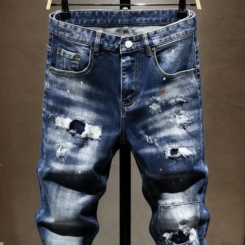 Men Ripped Skinny Denim Jeans Blue Holes Jeans Stretch Denim Pants Fashion High Quality Male Slim Fit Denim Trousers