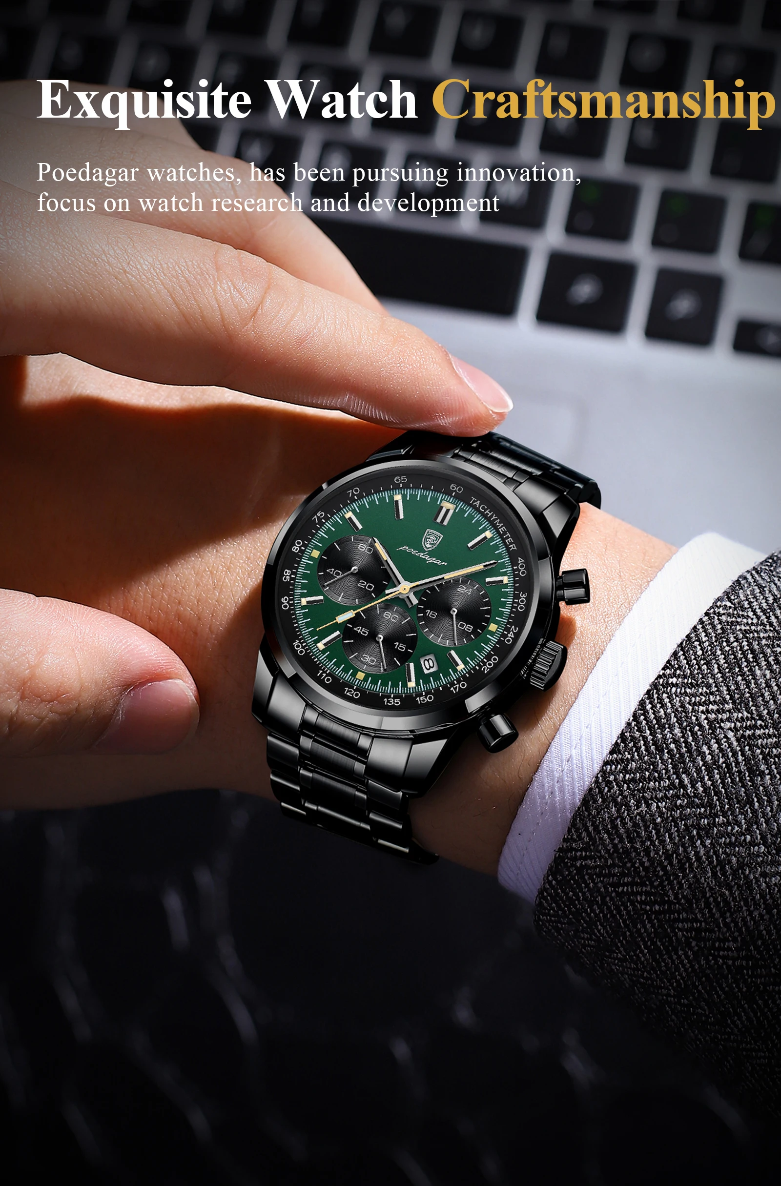 POEDAGAR Top Luxus Männer Uhr Wasserdicht Leucht Datum Chronograph Mode herren Quarzuhr Edelstahl Sport Mann Uhren – Detail 12