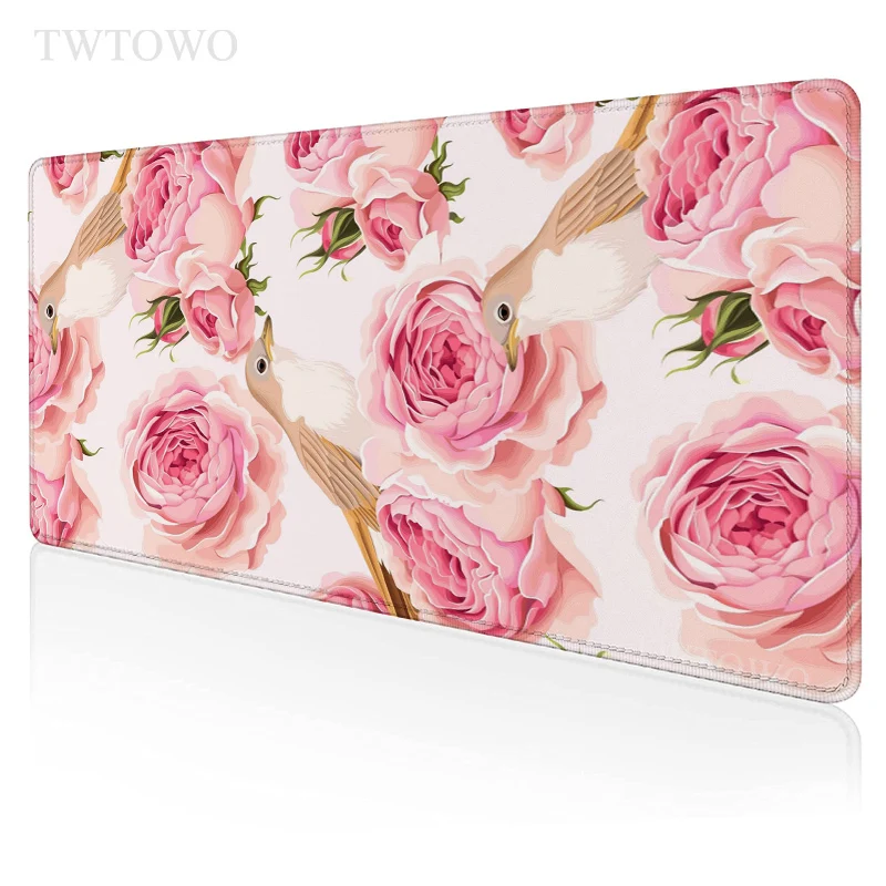 Green Leaves Pink Rose Flower Mouse Pad Gaming XL Custom Mousepad XXL Mouse Mat MousePads Soft Carpet Natural Rubber Mouse Mat