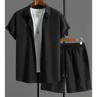 Camisa hawaiana sencilla de Color sólido para hombre, pantalones cortos de manga corta de tendencia de verano, pantalones cortos informales diarios de 2 piezas, traje superior de moda de gran tamaño
