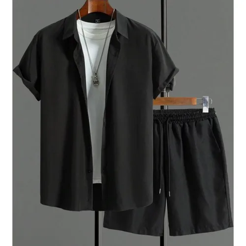 Camisa hawaiana sencilla de Color sólido para hombre, pantalones cortos de manga corta de tendencia de verano, pantalones cortos informales diarios de 2 piezas, traje superior de moda de gran tamaño