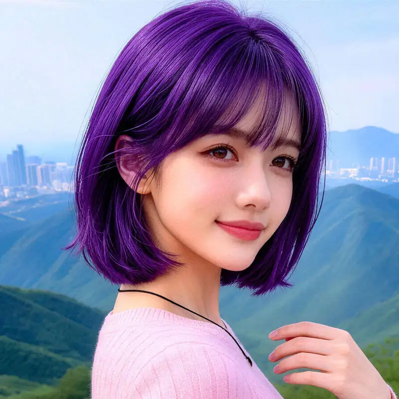 12-inch synthetic purple bob wig with smooth, straight hair and wispy bangs, perfect for outdoor cosplay photography.