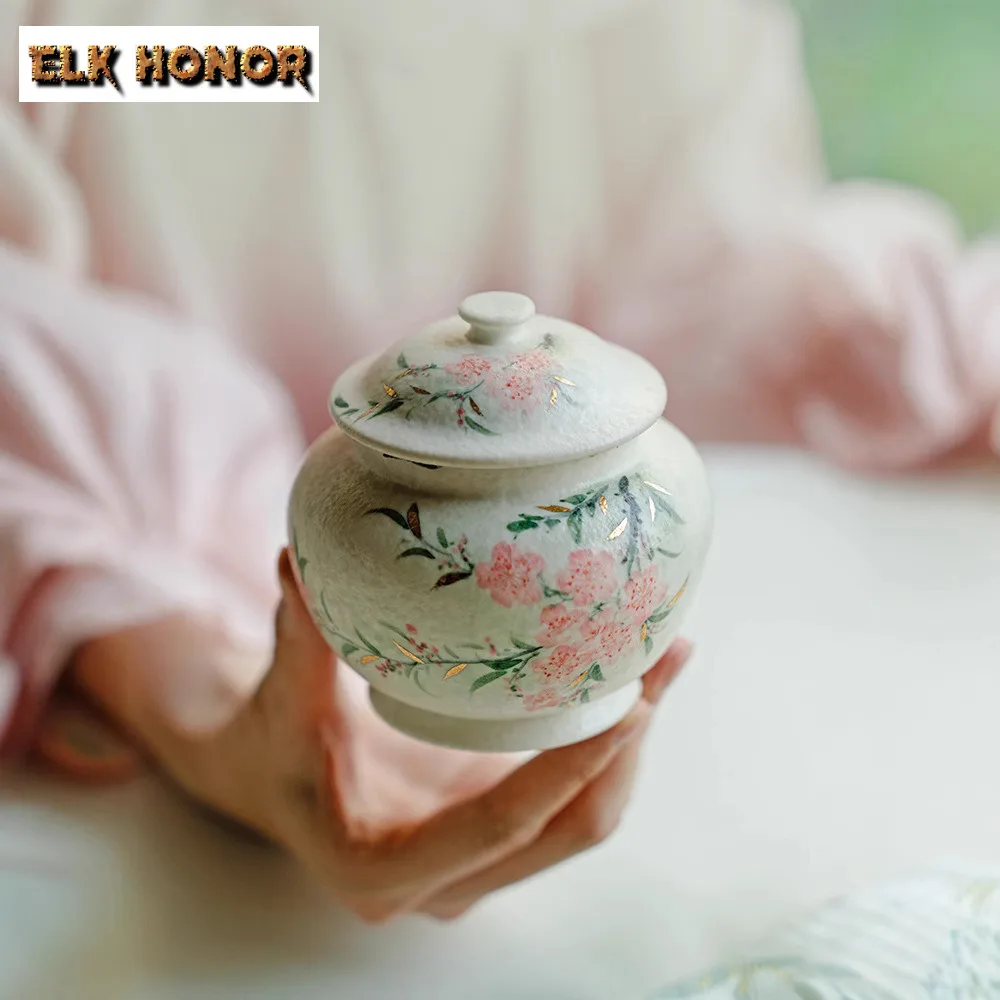 340ml Hand-painted Peach Blossom Tea Box Organizer Moisture-proof Creative Storage Tank Containers Tea Caddy Teaware Ornaments