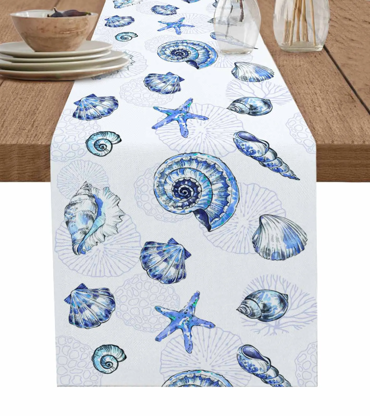 Starfish And Shell Coral Retro Table Runners Printed Coffee Tablecloth Wedding Decoration Modern Home Party Table Mats