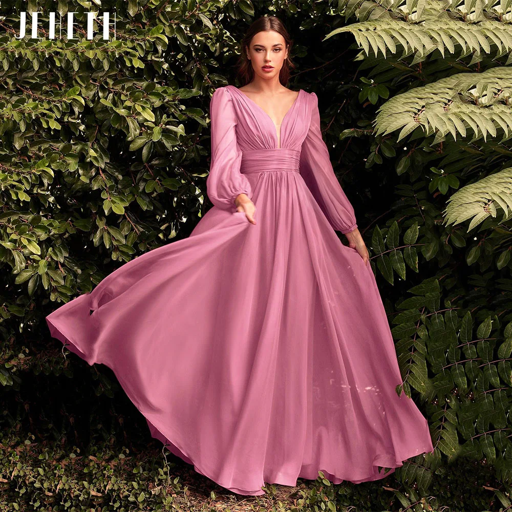 JEHETH Chiffon V Neck Evening Dresses 2023 Pleated Empire Waist Full Sleeves A Line Formal Prom Party Gowns Floor Length