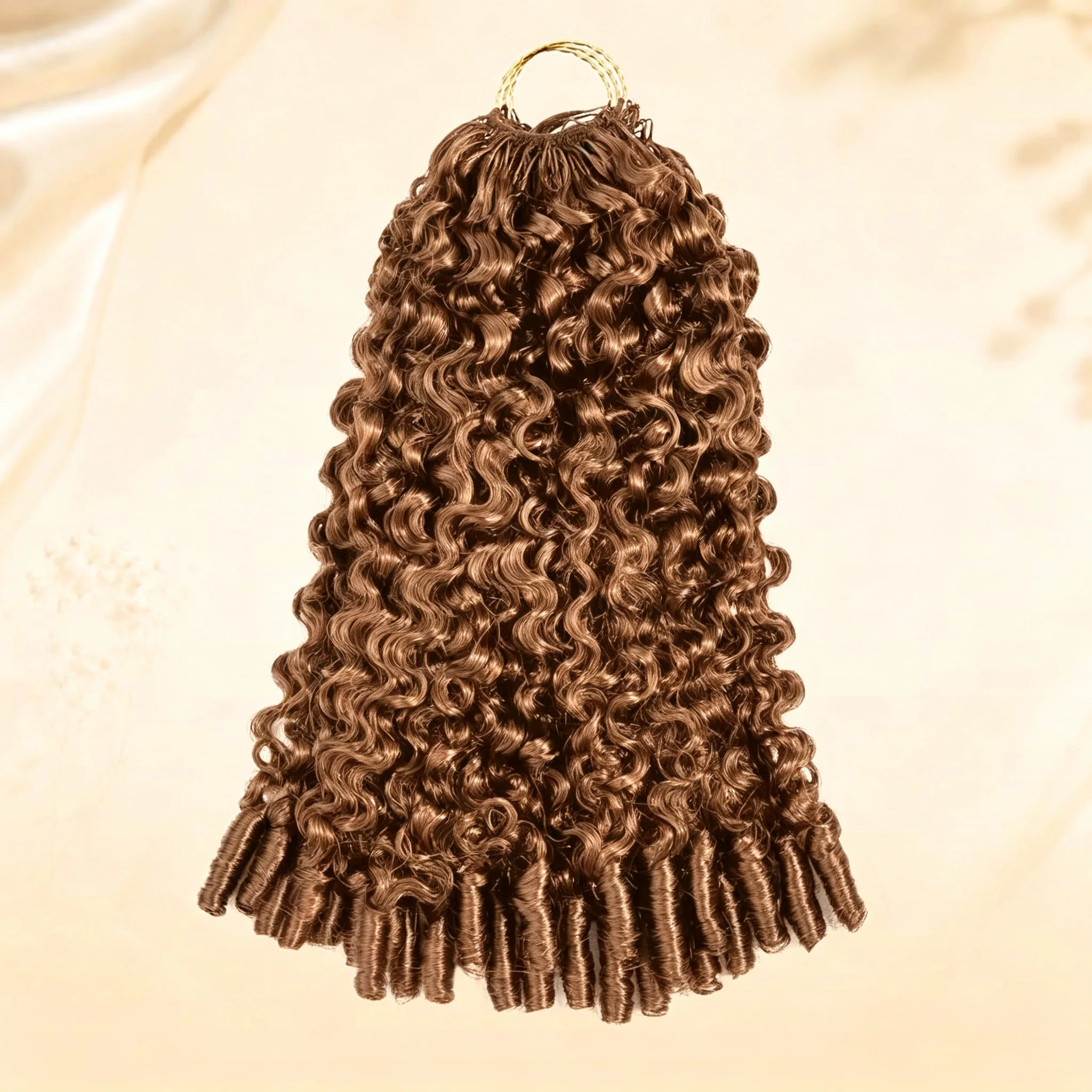 Bling Hair #30 Honey Brown Color Burmese Curly Feather Crochet Human Hair Extensions 50g Pre-Separated Invisible Miracle Knots Feather Crochet Human Hair Extensions For Women