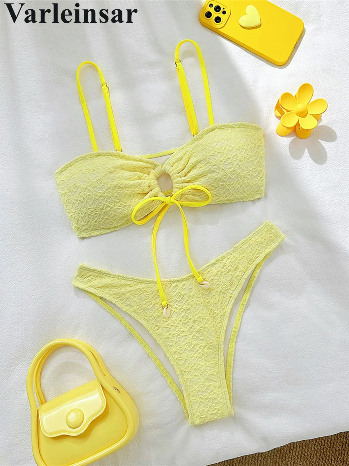 XS - L New Wrinkled Brazilian Cut Out Bikini Women Swimwear Female Swimsuit Two-pieces Bikini set Bather Bathing Suit Swim V6501