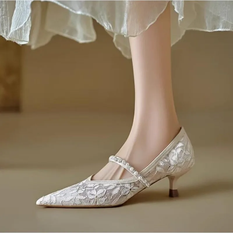 Sexy Lace Embroidery High Heels Women Rhinestone Chain Mesh Pointed Wedding Dress Shoes Ladies Elegant Fashion Thin Heel Pumps
