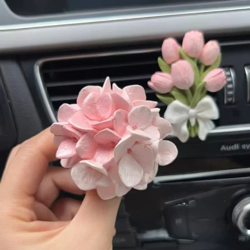 Premium Car Aromatherapy Diffuser Stone, Tulip Hydrangea Air Vent Clip, Fragrance Ornament Auto Interior Decor Accessories