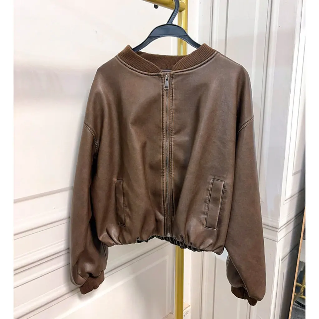 เสื้อแจ็คเก็ตหนัง PU สีน้ำตาลสำหรับผู้หญิง สไตล์วินเทจ แฟชั่นฤดูใบไม้ร่วงและฤดูหนาว เสื้อคลุมลำลองสำหรับสุภาพสตรี
