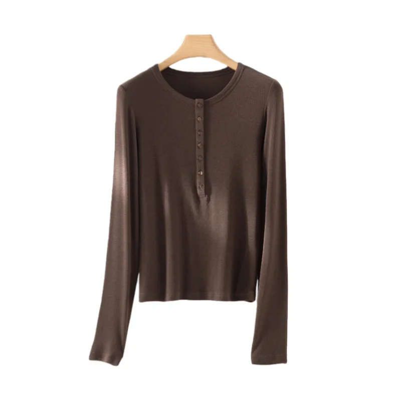 

2025 женская футболка с воротником на пуговицах, осенние кашемировые женские топы с круглым вырезом из лиоцелловой шерсти