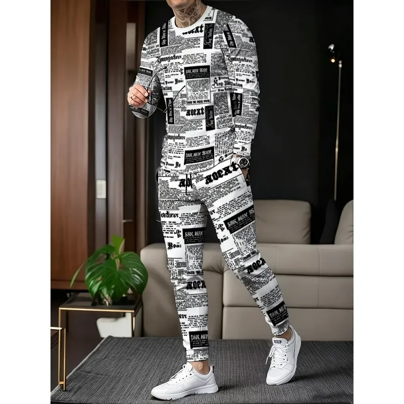 Men Sweatshirt Set Autumn Winter Simple Casual Comfortable Soft 3D Letter Pattern Printed Round Neck Fashion New Style