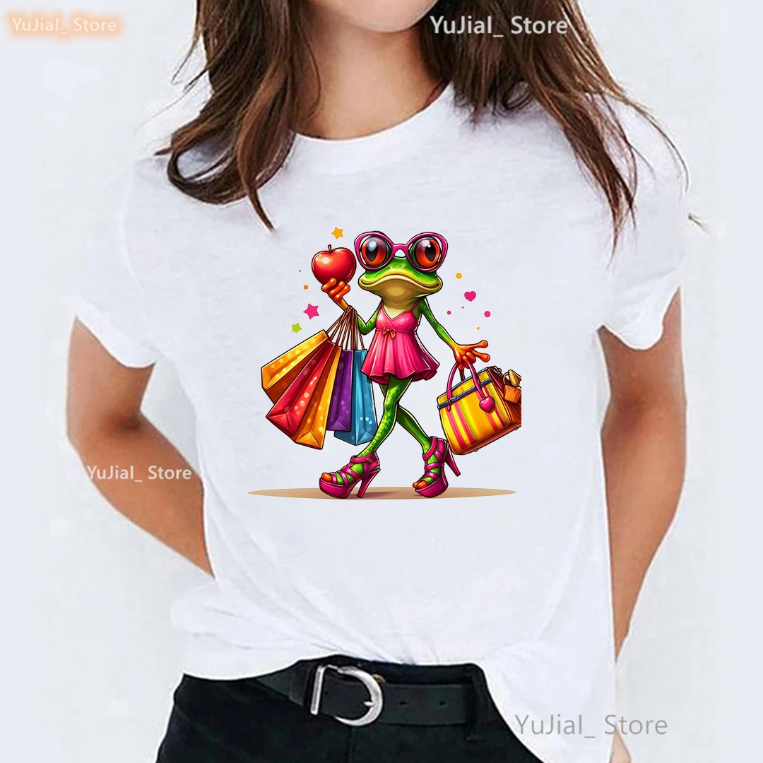 2024 Fashion Frog Shopping Printed T Shirt Women Funny Casual Tshirt Girls Harajuku Kawaii Clothes Summer Fashion T-Shirt Female