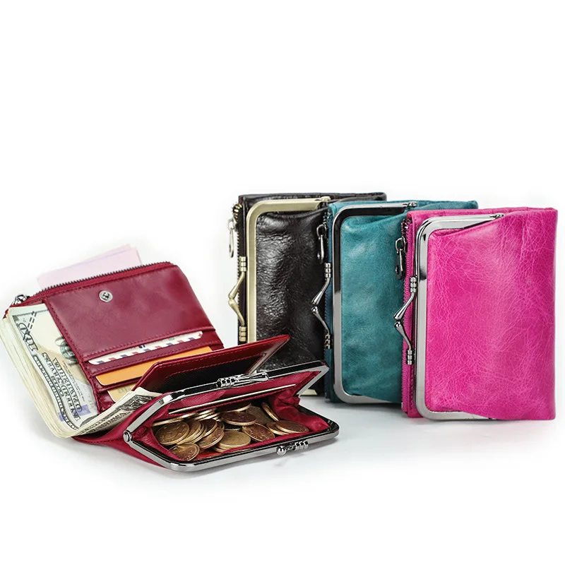 New Anti Theft Brush Head Layer Cowhide Fashion Iron Clip Genuine Leather Women's Zero Wallets Women Wallets Coin Purses Holders