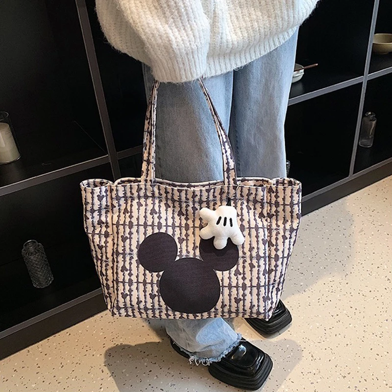 MINISO Disney Fashion Stripe Canvas Handbag Cute Cartoon Mickey Pendant Printed Large Capacity Shoulder Bag