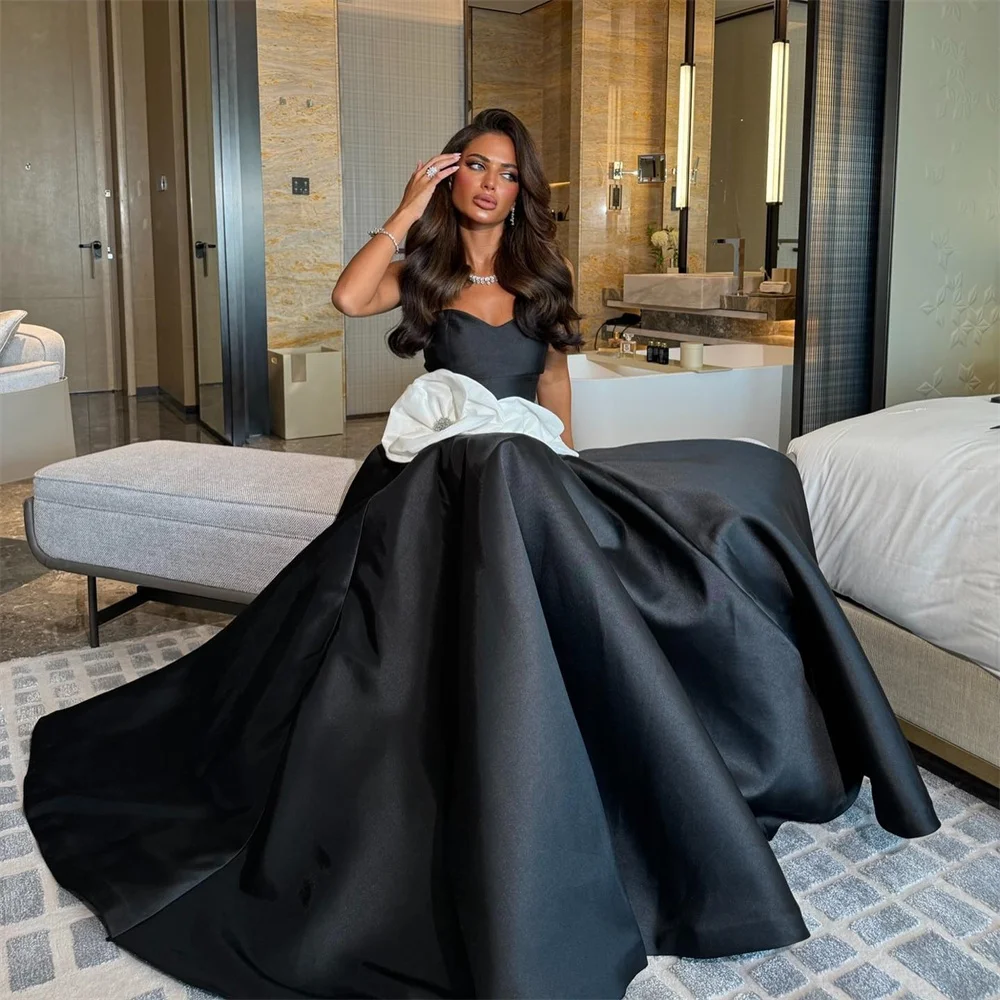 Sansa Elegant Black Sleeveless Party Dresses Sweetheart Neck A-line Flower Vestidos de fiesta Satin Floor-Length2024 فساتين سهرة