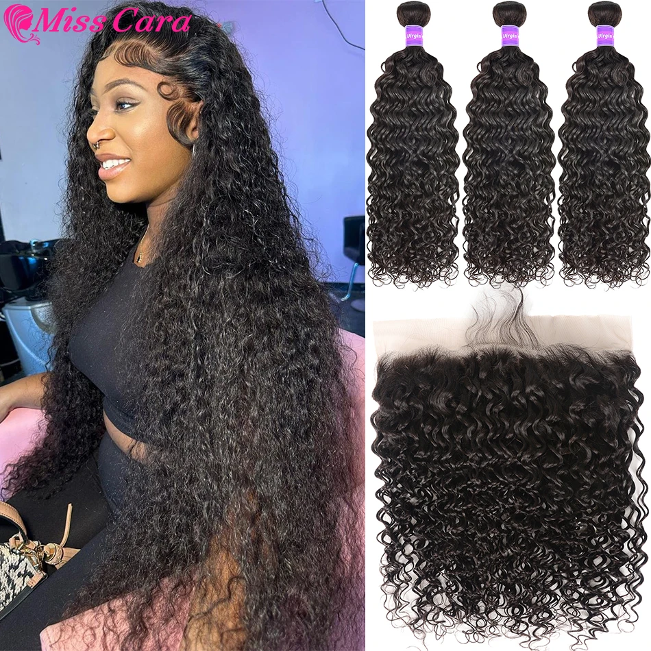 Water Wave Bundles Human Hair With HD 13x4 Frontal 100% Remy Human Hair Extension Deep Wave Transparent Frontal With 3 Bundles