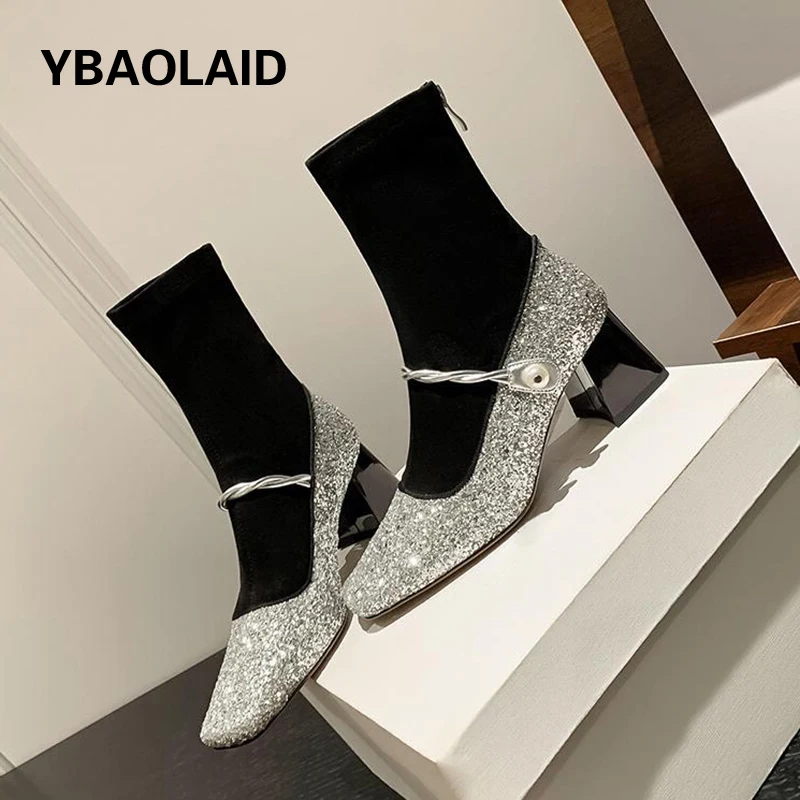 

French Style Sequined Cloth Chunky Heel Stretch Sock Boots Sqaure Toe Slip on Thingh Leg High Heel Short Boot Women Sliver Black