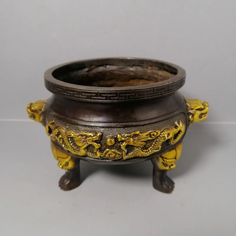 Antique Bronze Collection Gilding Erlong Stove Incense Burner Ornaments Antique Incense Burner Home Living Room Furnishings Craf