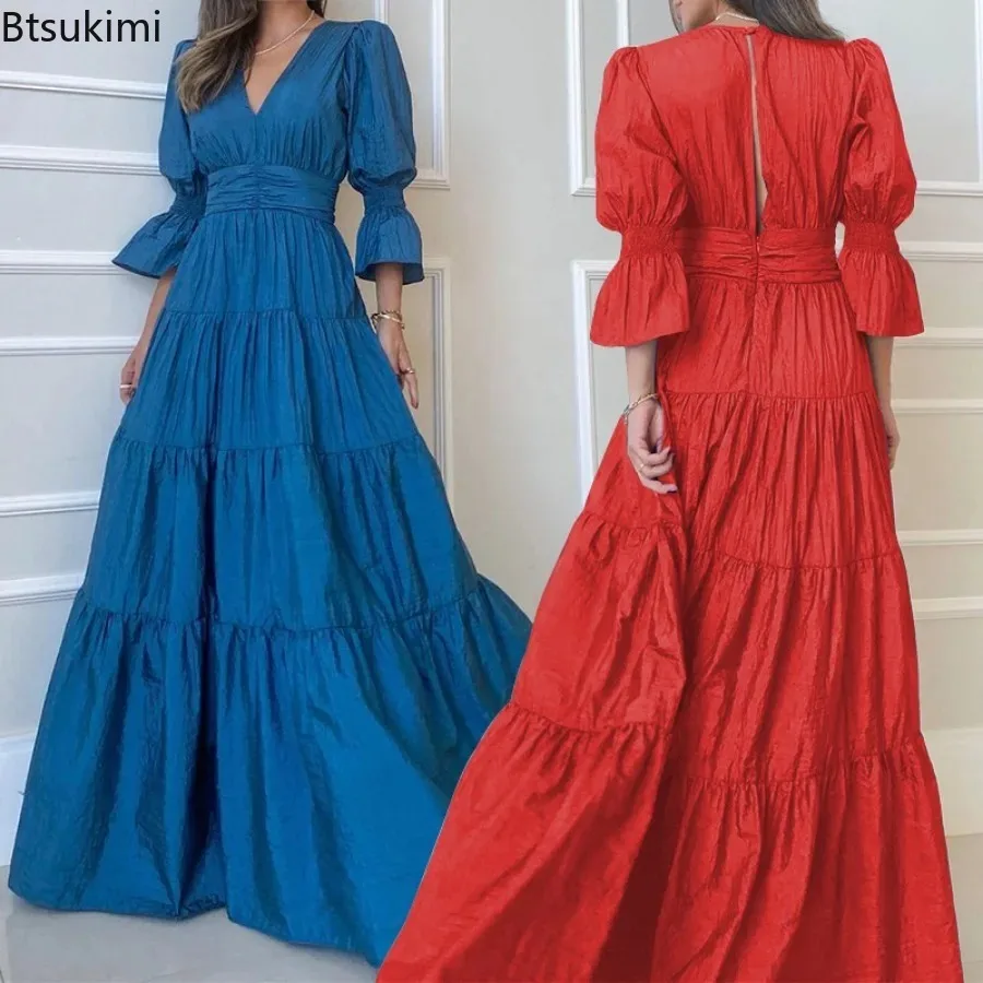 

2024 Women's Elegant Dress Solid Summer Ruffled Sundress Sexy V-Neck 3/4 Puff Sleeve Party Vestidos Casual Long Maxi Robe Femme