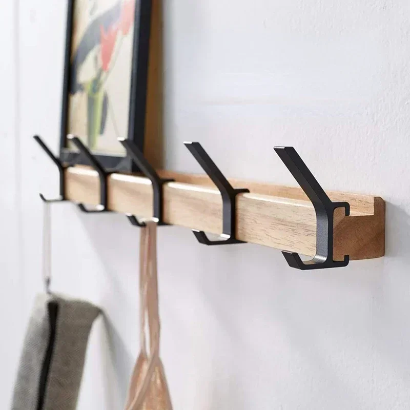 Nordic Wooden Wall Mounted Coat Rack with Movable 5 Hooks Aluminum Clothing Rail for Hat Towel Robes Hanger Perchero Furniture