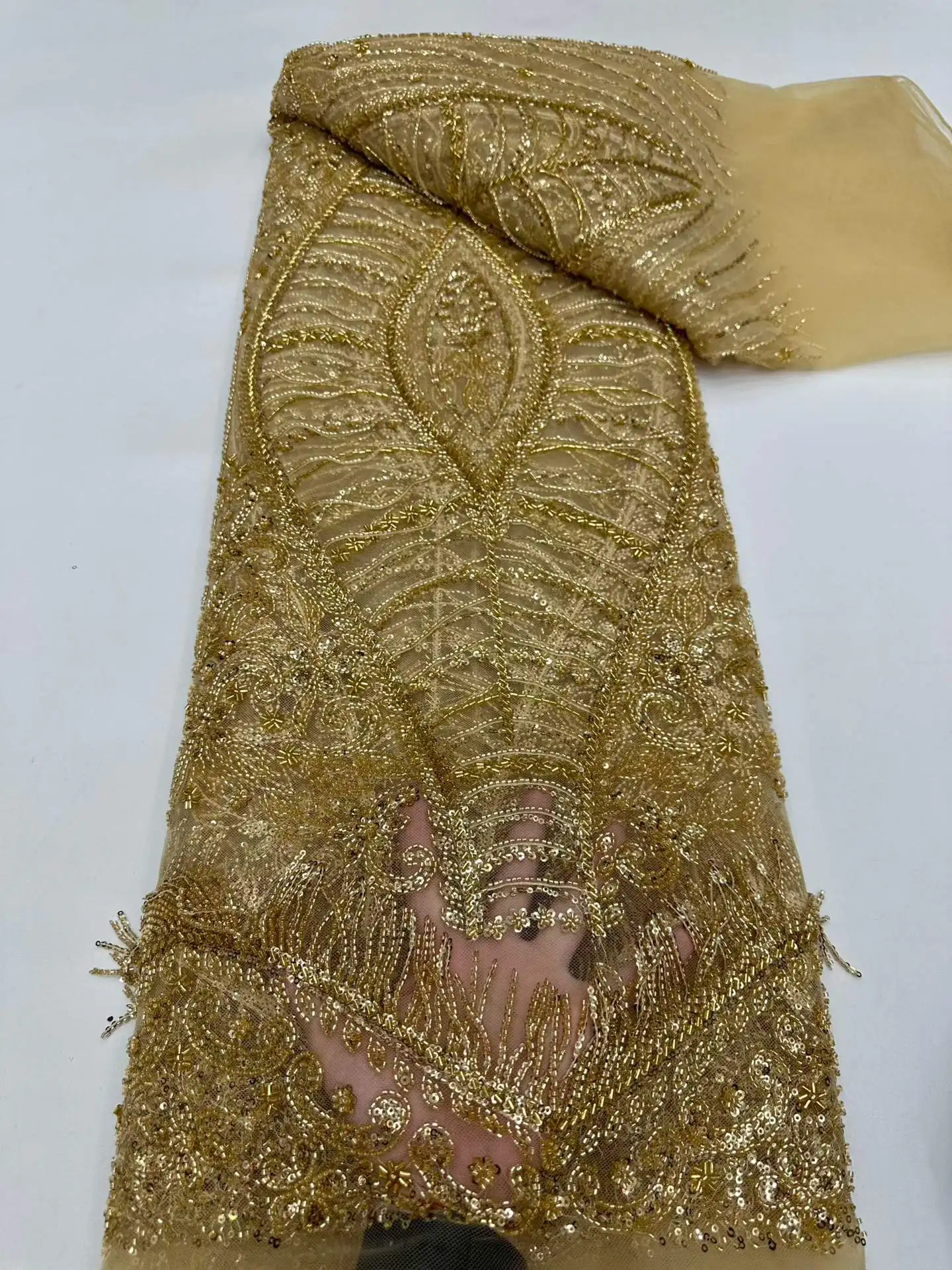 Luxury African Sequins Lace Fabric 5 Yards Lace Beaded Tulle Lace Fabric Embroidered Nigeria Fabric for Wedding Dress