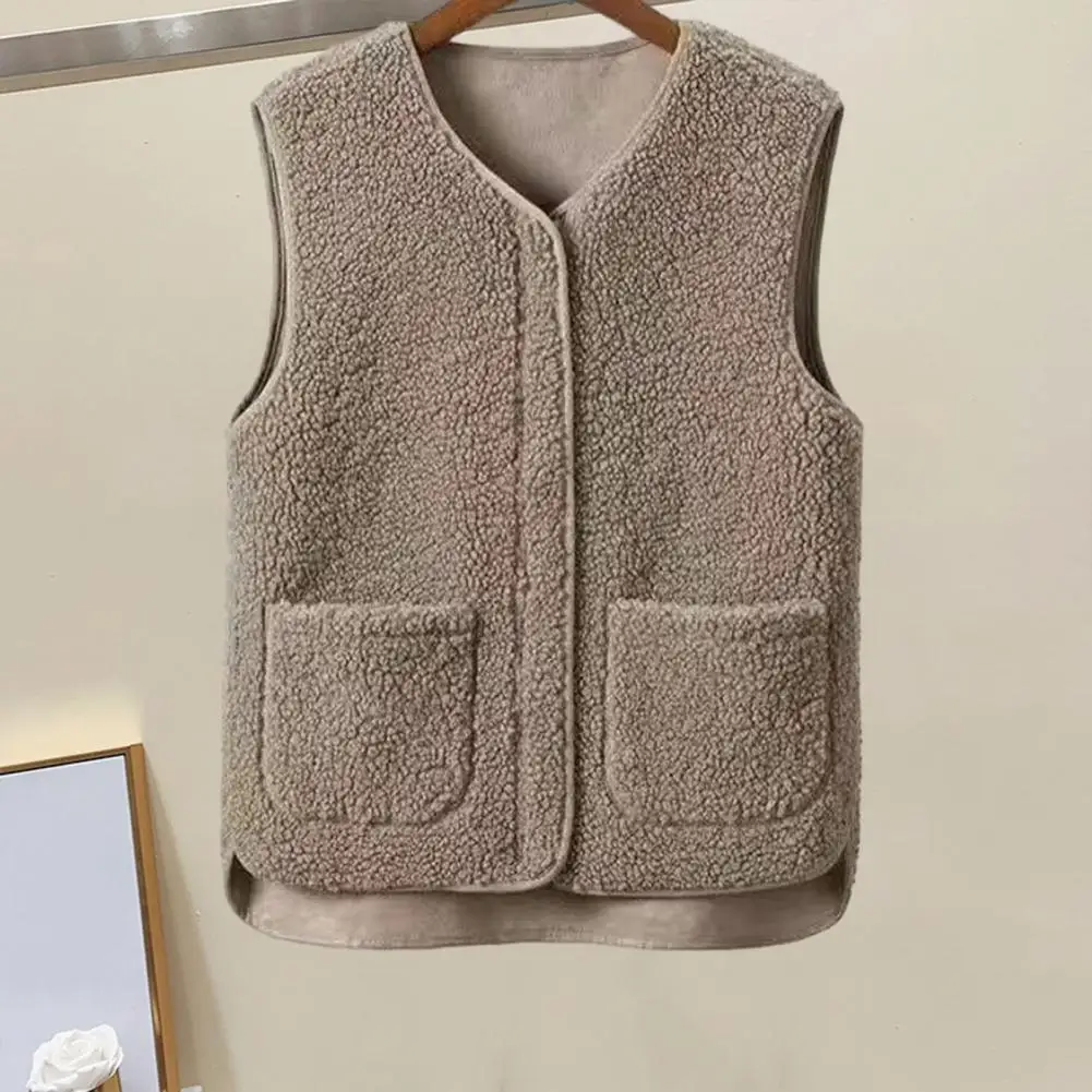 

Solid Color Vest Stylish Women's Sleeveless Fleece Vest with Zipper Closure Pockets Retro Warm Layering Waistcoat for Fall