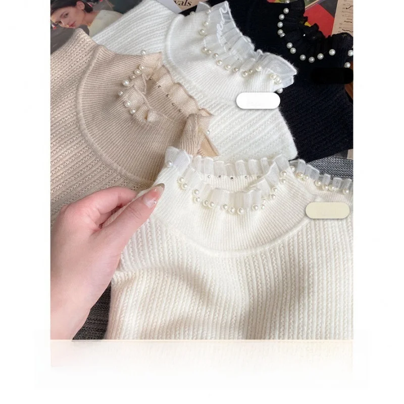 

Sle женский базовый свитер Long Sve с высоким воротником, кружевной вязаный свитер с жемчугом, осень-зима, Новое поступление, топ для внутренней одежды