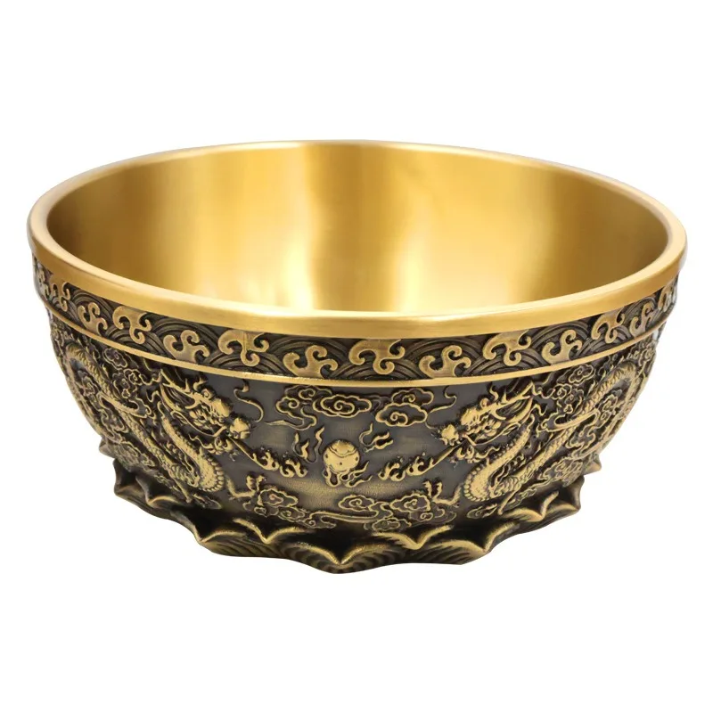 

Retro brass engraved double dragon cornucopia, ashtray, Chinese copper ornament