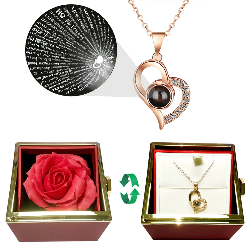 100 Languages I Love You Projection Necklace With 360° Rotating Rose Gift Box 2023 New Creative Jewelry For Women Christmas Gift