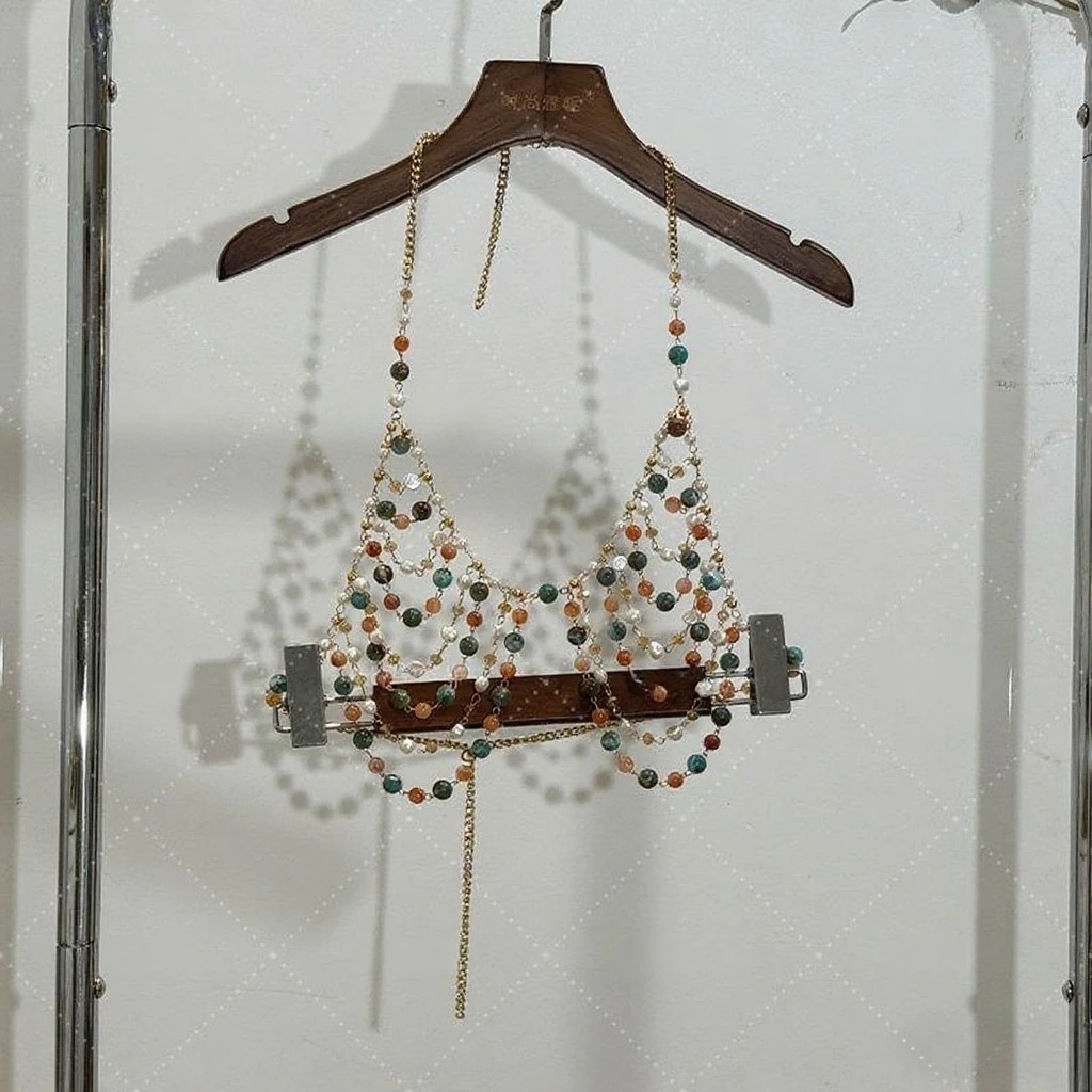 2025 Nuova catena di perline sexy europea e americana Perline colorate Halter Sling Vest Pettorale Catena per il corpo Accessori per reggiseno