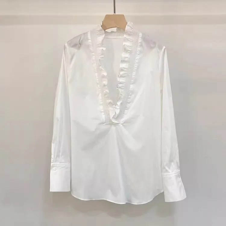 Sexy Deep V-Neck Blouse Shirts 2026 Spring Summer Fashion Women Pleated Ruffle Patchwork Long Sleeve Elegant White Tops Shirt