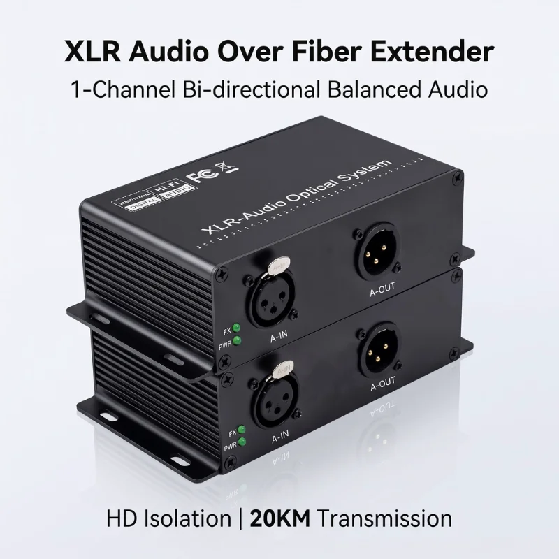 XLR Audio Fiber Optic Converter 1CH Uni/Bi-Directional Balanced Single-Mode SC SFP Optional Hi-Fi Lossless Pro Sound Extender