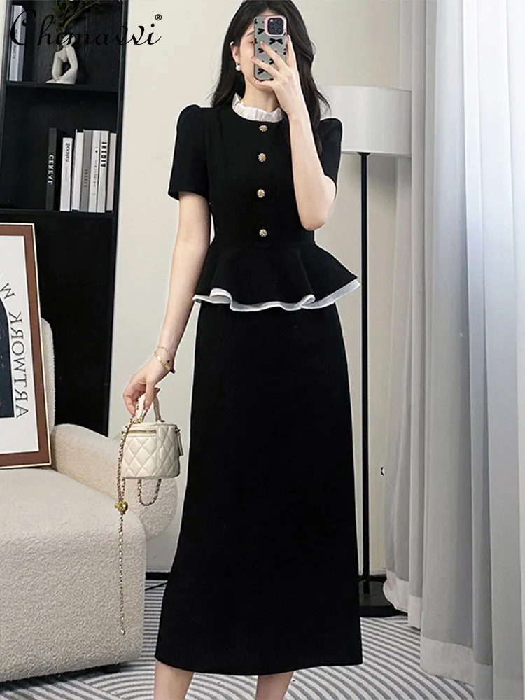 

French Elegant Commuter Stitching Fake Two-Piece Single-Breasted Ruffled High Waist Slim Fit Straight Black Long Dress Women