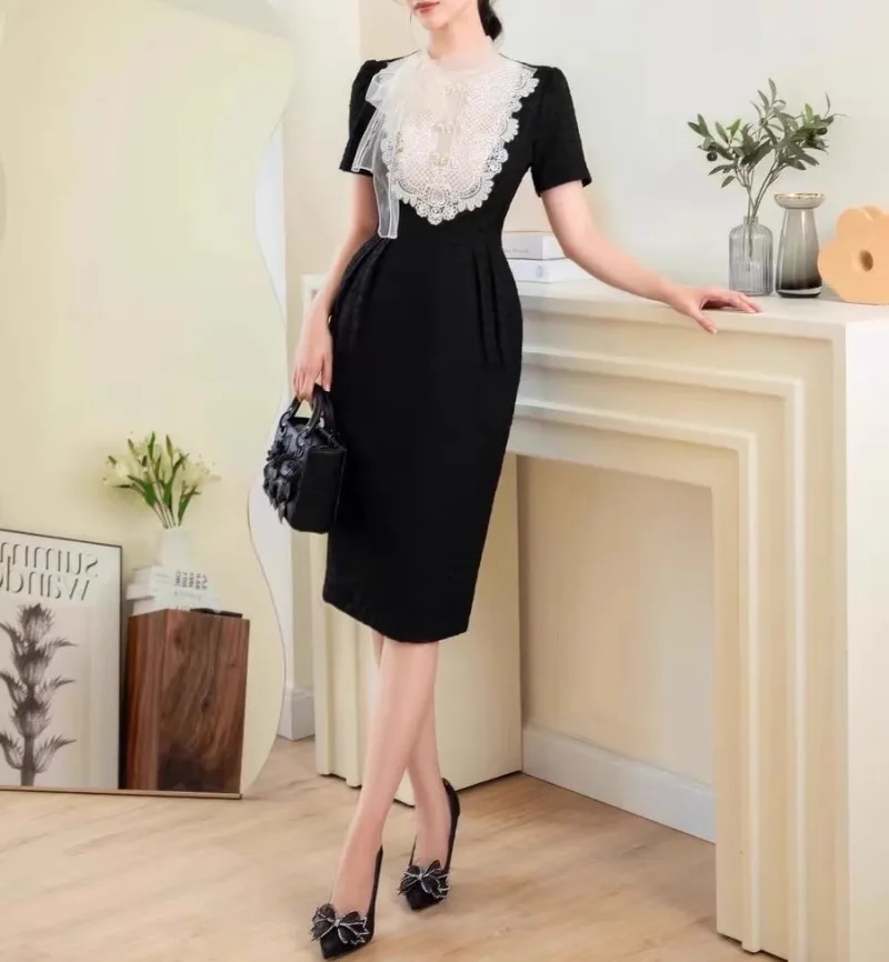 Vintage Black Women Dress Bodycon Elegant Short Sleeve Lace Patchwork Women's Clothing Runway Design Evening Party Vestidos