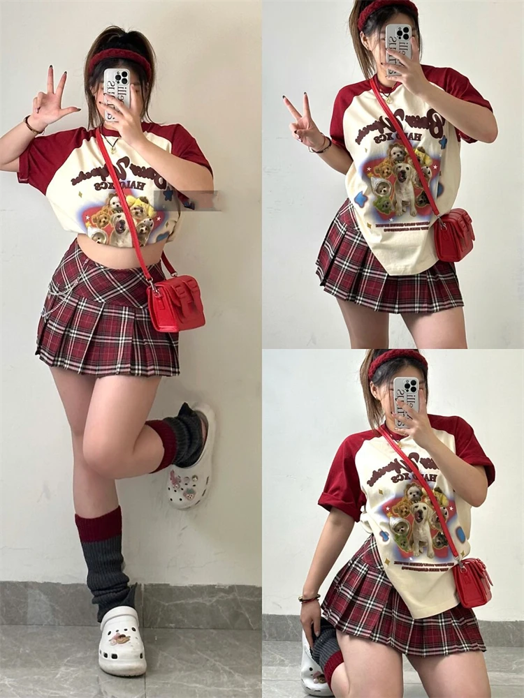 

Американская клетчатая плиссированная юбка в стиле ретро для полных женщин, весенняя, красная, в стиле колледж, больших размеров