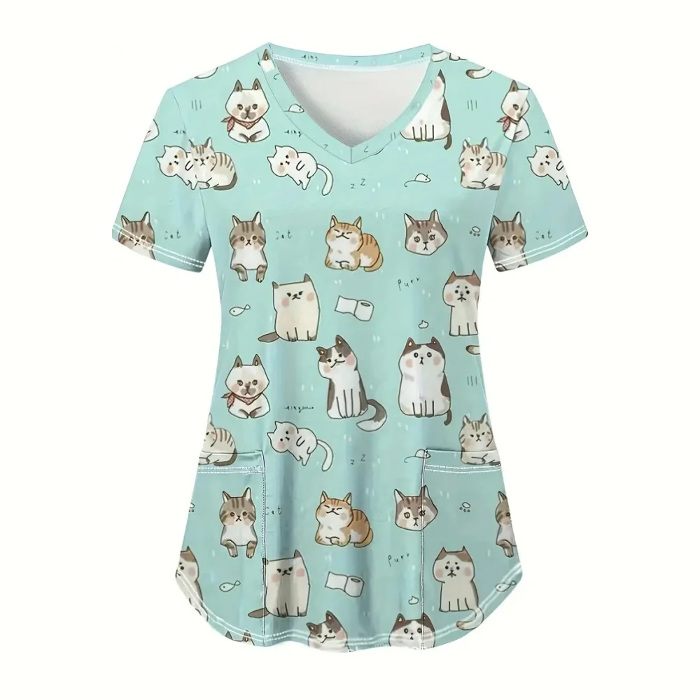 Uniforme de gommage pour femme, imprimé chat, col en v, avec poche, uniforme clinique, hauts microélastiques, uniformes chirurgicaux vétérinaires, été