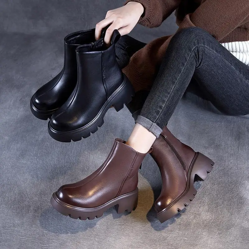 

British Style Boots Thick Bottom Casual Brown Fashionable Leather Booties Low Top Zipper Closure round Toe Rubber Sole