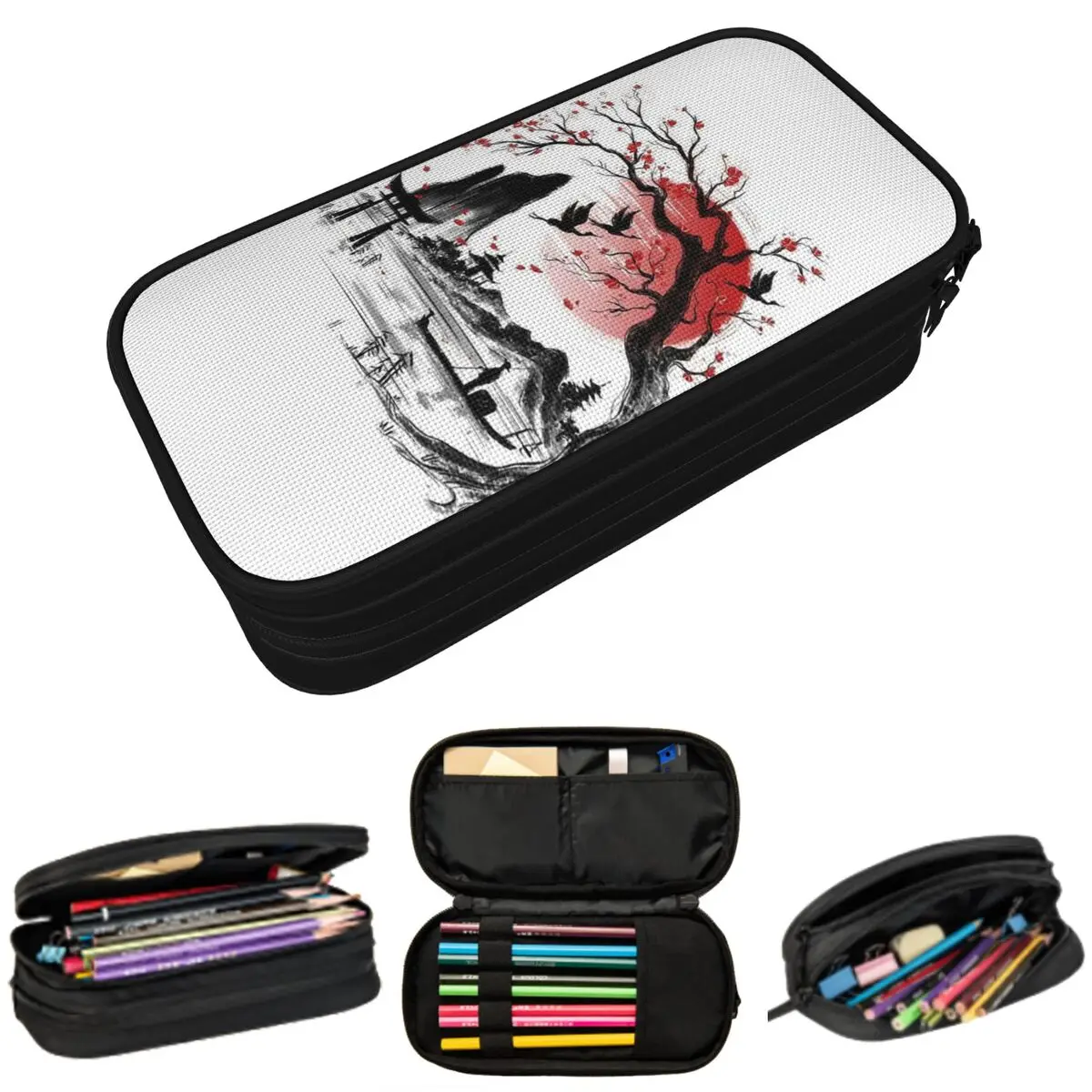 Japan Sakura Cherry Blossoms Red Rising Sun Pencil Case for Studen School Pen Box Pencil Bag Stationery Supplies Pen Holder Bag