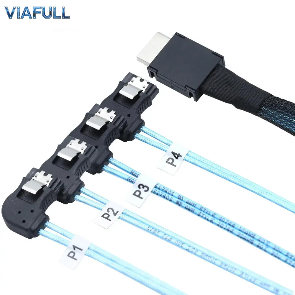 OCuLink SFF-8611 4i to 4x SATA 7Pin Right Angle Cable, PCIe SAS to SATA III Breakout Adapter, OFC Server HDD Extension Cord