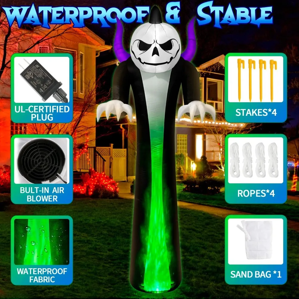 Reaper di zucca gonfiabile gigante per Halloween all'aperto con fantasma e spettacolo di luci a fiamma a LED a 3 colori