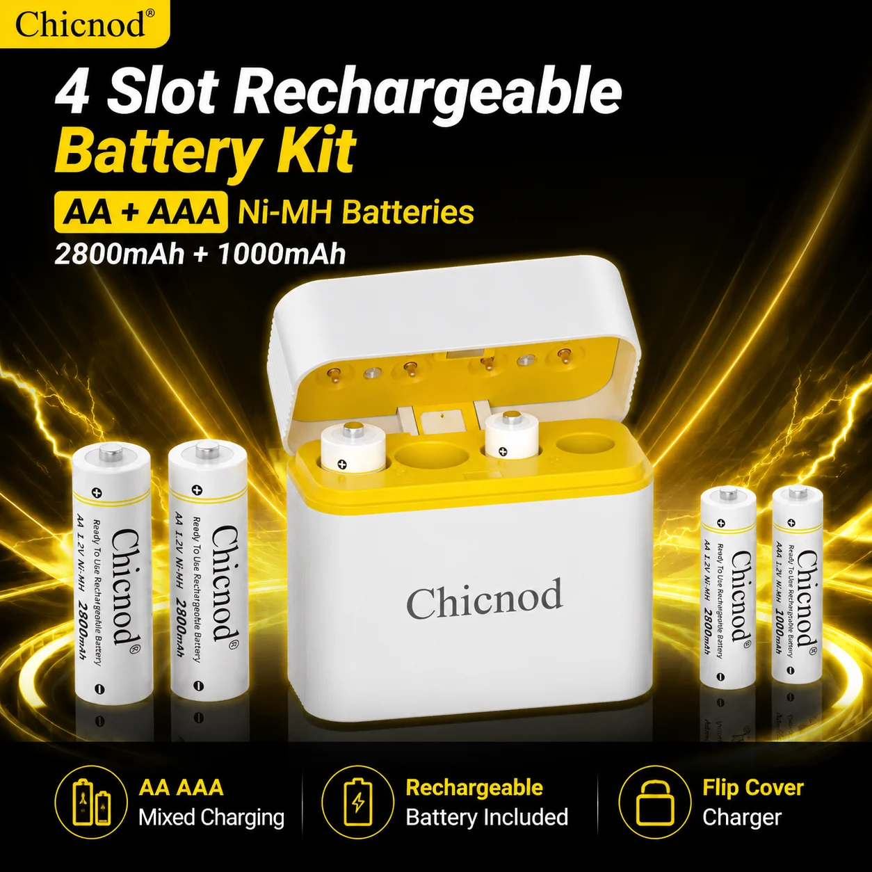 Chicnod N432 AA AAA Rechargeable Battery Charger Kit 4 Slot Ni-MH Ni-Cd Charger with AA 2800mAh AAA 1000mAh Batteries