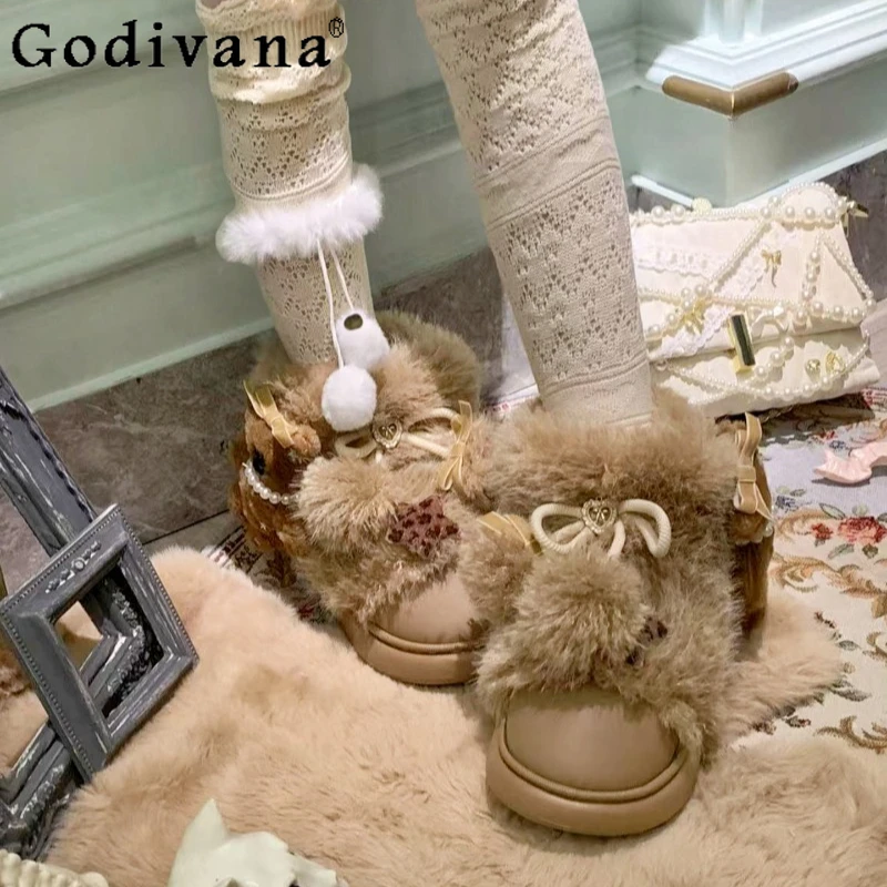 

Thickened Warm Snow Boots for Women Original Brown Bear Wool Round Toe Boots Female Japanese Sweet Style Snow Boots