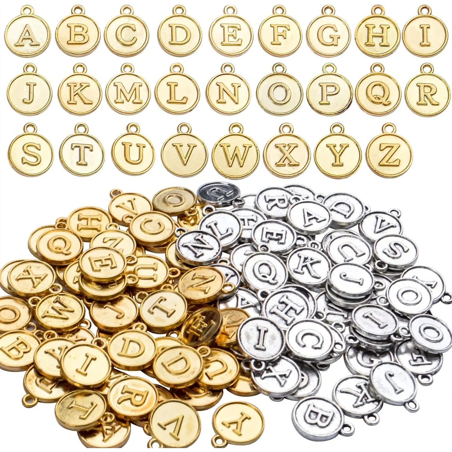 

104 pcs A-Z Letter Charms Round Alphabet Charms Pendants for Necklace Bracelet Jewelry Craft DIY,Gold & Silver
