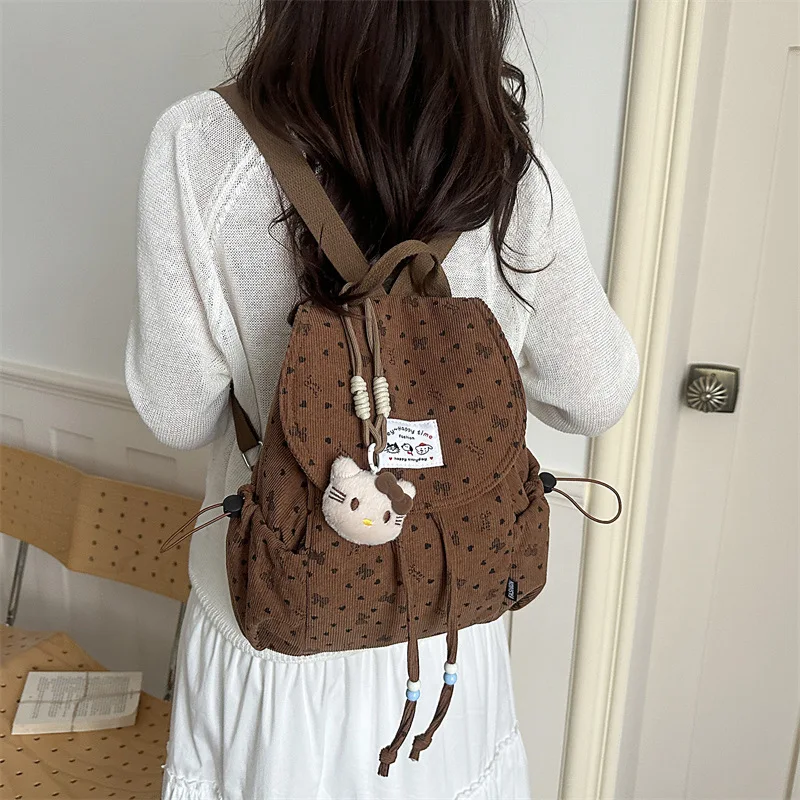 Corduroy Backpacks for Women Cute Student Bag Lightweight Drawstring Korean Style Simple Bookbag Casual Stylish Commuting Bag