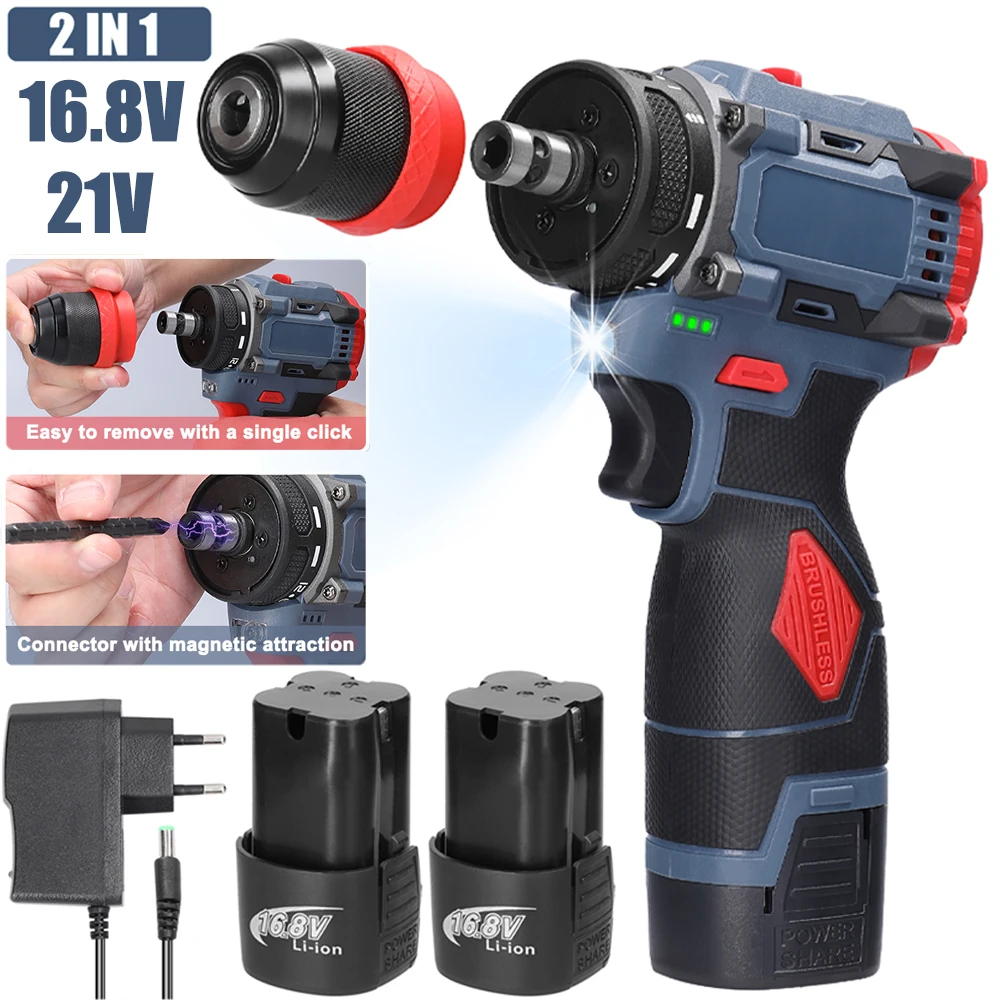 16.8V/21V Brushless 2 in 1 Electric Screwdriver Drill 45/55Nm Rechargeable Multifunction Cordless Screw Driver Impact Drill