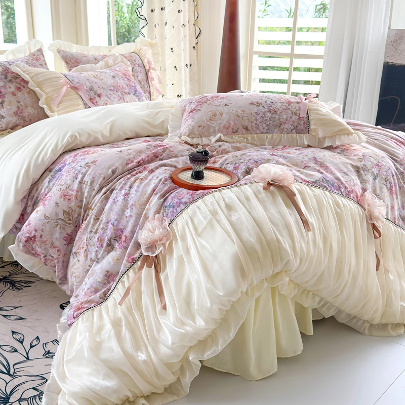 Lace Flowers Princess Bedding Sets Luxury Korean Style 100% Cotton Gift Duvet Cover Bed Skirt Sheet Pillowcases Home Textile