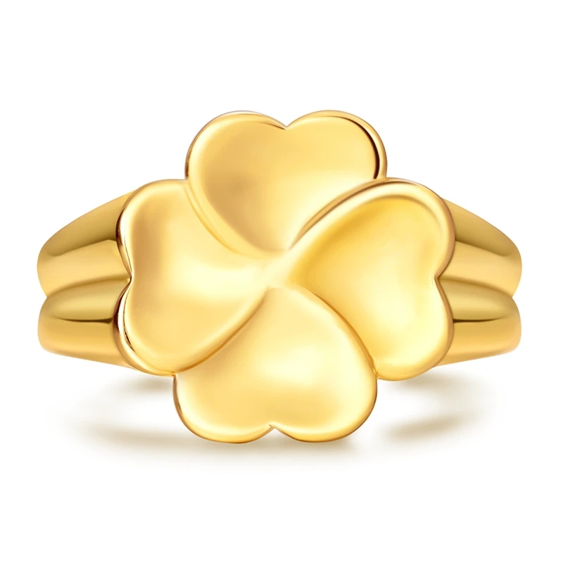 Original 925 Sterling Silver Sparkling Gold Four-Leaf Clover Stamp Rings For Women Girls Jewelry Birthday Anniversary Gifts