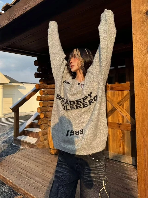 

Retro American Collar Letter Print Sweater Loose Lazy Button Design Knitted Top for Men Autumn Season Casual Wear